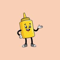 A cheerful cartoon mustard bottle character with arms and legs, wearing shoes and gesturing welcomingly. vector