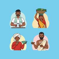 An illustration showcasing diverse Indian individuals engaged in everyday activities like farming, food preparation, and religious practices. vector