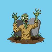 An elderly zombie rises from its grave between two tombstones in a cartoon illustration. vector