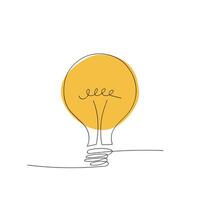 Single line drawing of a yellow light bulb on white background, creativity and innovation concept vector