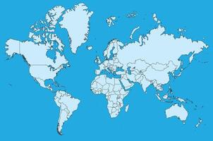 Minimalist flat 2D world map illustration featuring detailed continents and vibrant blue oceans, perfect for educational, travel, and design projects across digital and print platforms. vector