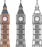 Set of three big ben with and without colors. Travel and tourism. London big ben clock tower UK vector