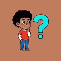 A cartoon boy with freckles is thoughtfully considering a large question mark beside him. vector
