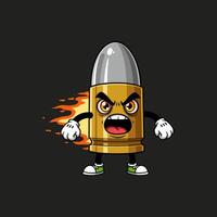 An angry cartoon bullet character is depicted with flames behind it, expressing intense rage. vector