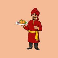 An illustration of a smiling Indian man in traditional attire serving a plate of samosas with a thumbs up gesture. vector