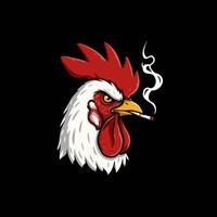 The image is a stylized illustration of a rooster's head, smoking a cigarette, set against a black background. vector