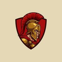 A stylized illustration of a Spartan warrior's profile within a red shield, showcasing his golden helmet and armor. vector