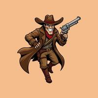 A menacing cartoon cowboy runs, brandishing a revolver in a wild west themed illustration. vector