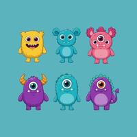 The image showcases six uniquely designed cartoon monsters in various colors and expressions. vector