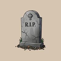 A cartoon illustration of a weathered grey tombstone with a cross, inscribed RIP, situated on a bed of pebbles and grass. vector