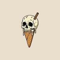 A skull-shaped ice cream cone with melting ice cream and a wafer stick is illustrated in a vintage style. vector