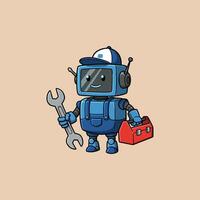 A cartoon illustration depicts a happy blue robot mechanic holding a wrench and a toolbox ready to work. vector