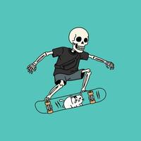 A cartoon skeleton enjoys skateboarding with a small white cat sitting on the board against a teal background. vector