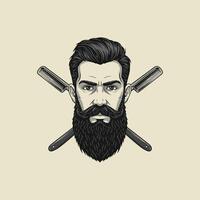A stylized illustration of a mans head with a full beard and mustache crossed with two straight razors. vector