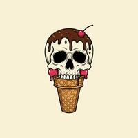 A whimsical illustration depicts a skull as an ice cream cone topped with chocolate and a cherry. vector