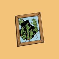 Several bloody zombie hands claw through a broken picture frame in a spooky illustration. vector