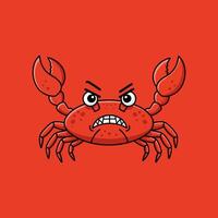 A cartoon illustration depicts an angry red crab with a fierce expression and prominent claws. vector
