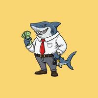 A cartoon shark dressed in a business suit holds money and car keys suggesting a successful deal or financial transaction. vector