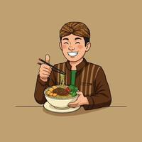 An illustration of a smiling man in traditional Indonesian attire happily eating a bowl of noodles with chopsticks. vector