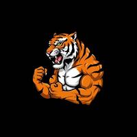 A powerful illustration depicts a muscular tiger flexing its biceps with a fierce expression. vector
