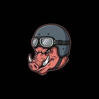 The image shows a cartoon illustration of a wild boar's head wearing a vintage motorcycle helmet and goggles. vector