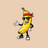 A stylized cartoon banana character, wearing sunglasses and a bandana, gestures with a friendly, confident pose. vector