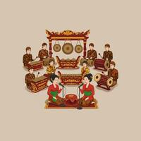 The image depicts a Javanese gamelan orchestra performing traditional Indonesian music with two female vocalists. vector