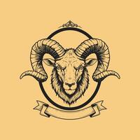 A detailed illustration of a rams head with large horns set within an elegant oval frame and a blank banner below. vector