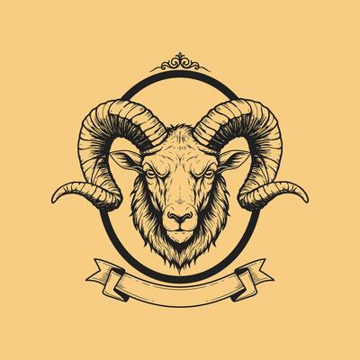 A detailed illustration of a rams head with large horns set within an elegant oval frame and a blank banner below.
