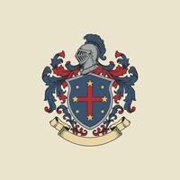A detailed illustration of a medieval coat of arms showcasing a knights helmet atop a shield with a cross and stars. vector