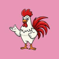 A cheerful cartoon rooster with red comb and tail feathers welcomes with open arms. vector