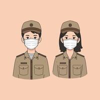 A simple cartoon depicts a man and a woman in matching tan uniforms and face masks. vector