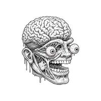 A detailed drawing depicts a grotesque skull with a melted appearance revealing the brain and bulging eyes. vector