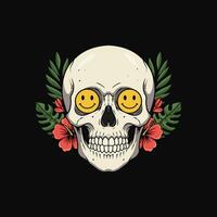 A cheerful skull with smiley eyes is adorned with vibrant tropical flowers and leaves against a black backdrop. vector