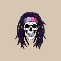 A stylized illustration depicts a skull with long purple dreadlocks and a patterned bandana. vector