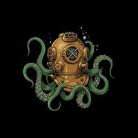 A vintage diving helmet is intricately surrounded by the green tentacles of a large octopus, suggesting a mysterious underwater scene. vector