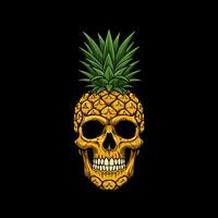 A stylized illustration depicts a human skull creatively formed from a pineapple with its crown of leaves intact. vector