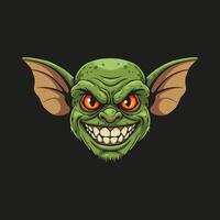 The image is a cartoon illustration of a green goblin head with a menacing grin, sharp teeth, and large ears. vector
