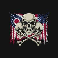 A graphic design featuring three skulls with crossed bones set against a tattered American and Ohio flag. vector