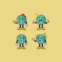 Four illustrations depict a cartoon Earth globe with anthropomorphic features expressing various emotions like happiness, sadness, tiredness, and anger. vector