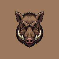 A stylized graphic illustration of a wild boar's head, showcasing its aggressive features and intense gaze. vector