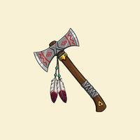 A stylized illustration depicts a Native American tomahawk adorned with feathers and intricate designs on its blade and handle. vector