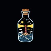 A whimsical illustration depicts a lighthouse on a small island amidst crashing waves inside a glass bottle the bottle also contains celestial elements. vector