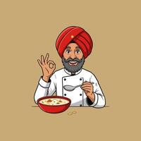 A smiling Sikh chef in a red turban gives a thumbs up while presenting a bowl of creamy soup. vector