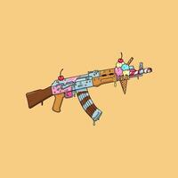 A cartoon illustration depicts an AK-47 assault rifle transformed into a melting ice cream sundae, creating a striking juxtaposition of violence and sweetness. vector