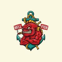 A strong red fish character with muscular arms, smoking a cigar, is depicted within an anchor. vector