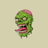The image depicts a detailed illustration of a decaying zombie head with a visible brain and dripping green slime. vector