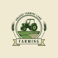A logo depicting a green tractor in a field of crops with a banner that reads farming, representing organic farming practices. vector