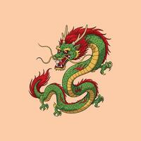 The image depicts a stylized green Chinese dragon with red accents, showcasing its powerful and majestic form. vector