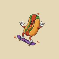 A cheerful hot dog cartoon character enjoys skateboarding, showcasing a lively and playful design. vector